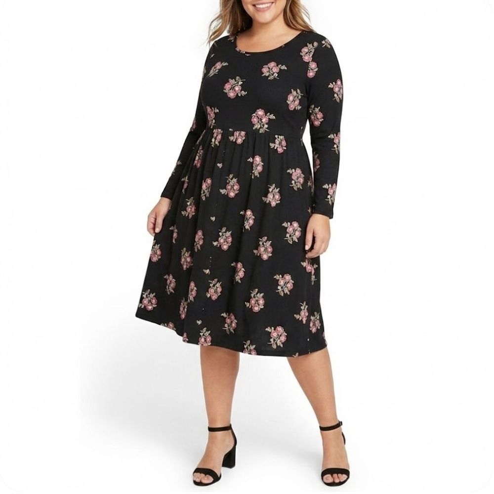 Old Navy Black Floral Print Fit & Flare A-Line Midi Dress XXL
